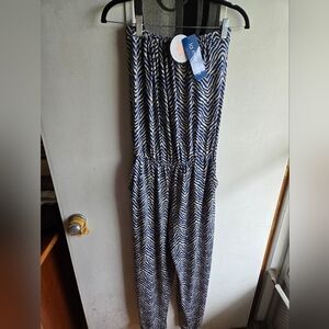 La Mer Luxe Strapless Navy & White Chevron Jumpsuit NWT